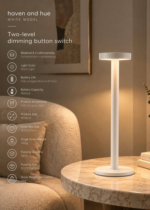 Haven & Vue rechargeable wireless table lamp with warm 3000K light
